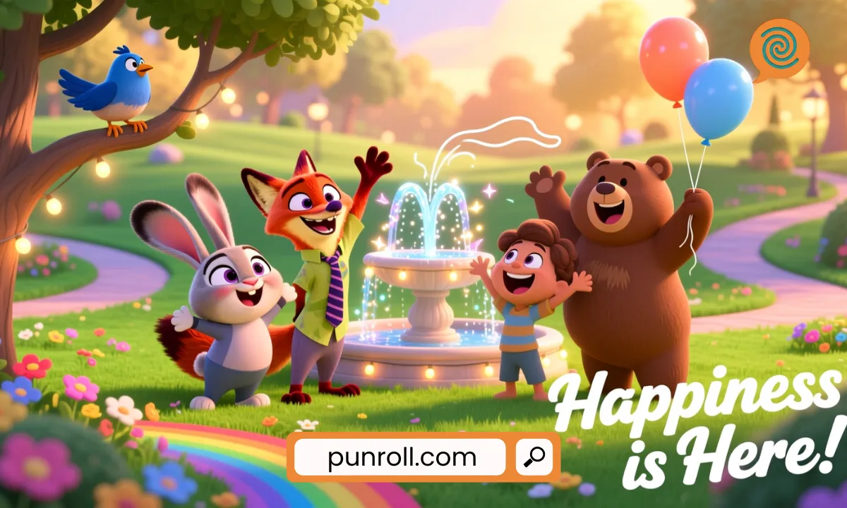 Funny cartoon animals giggling in a bright, animated zoo scene.