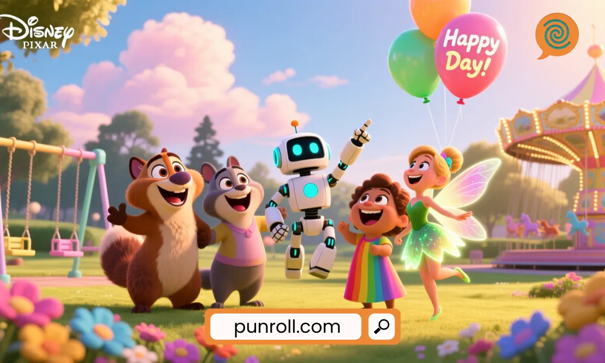 A group of happy cartoon characters laughing together in a colorful park
