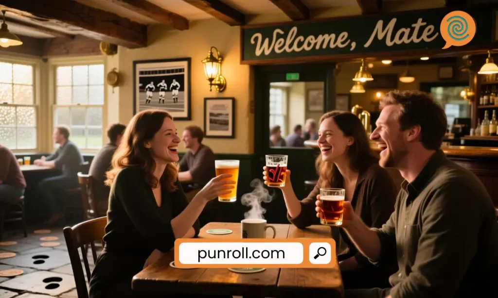 A cozy pub interior with people laughing and drinks on the table.