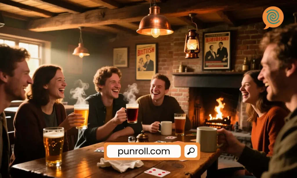 A cozy pub interior with people laughing and drinks on the table.
