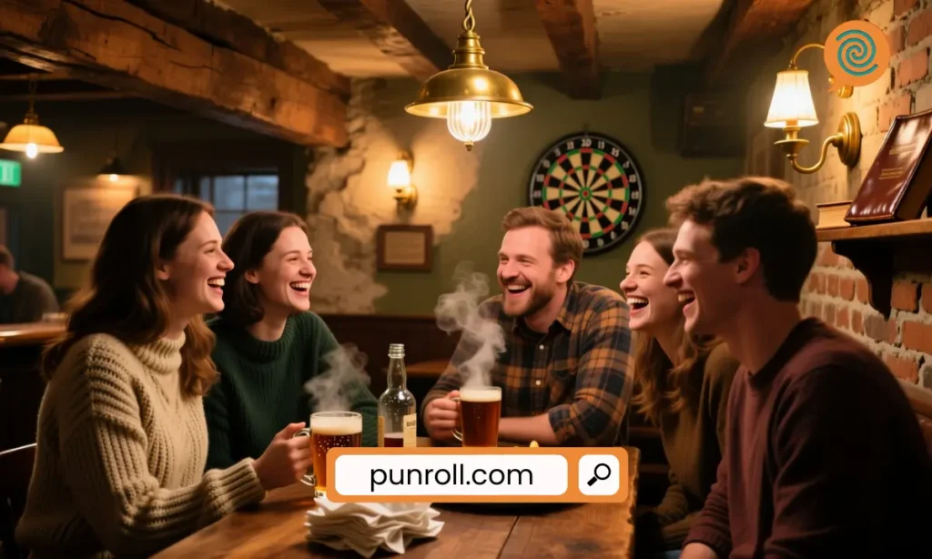 A cozy pub interior with people laughing and drinks on the table.